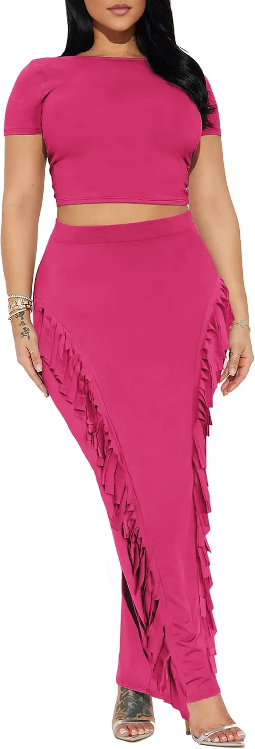 Women's Fringe Skirt Side Tassel Elastic High Waisted Pencil Long Maxi Skirts Bodycon