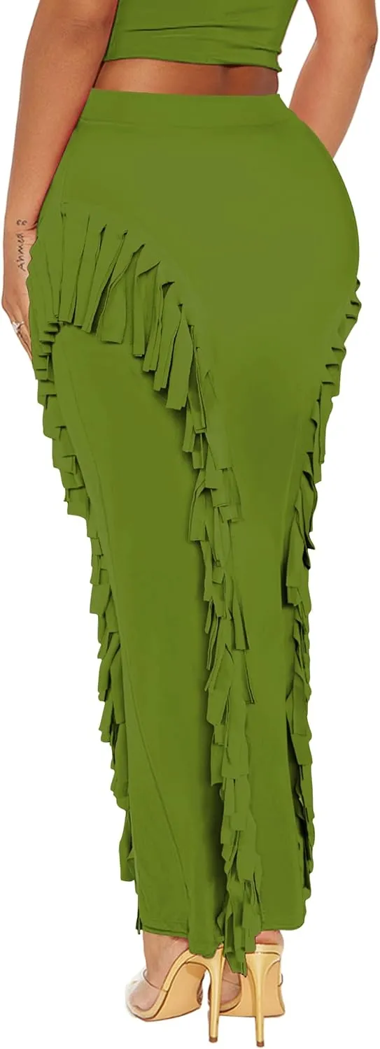 Women's Fringe Skirt Side Tassel Elastic High Waisted Pencil Long Maxi Skirts Bodycon
