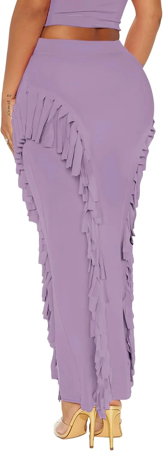Women's Fringe Skirt Side Tassel Elastic High Waisted Pencil Long Maxi Skirts Bodycon