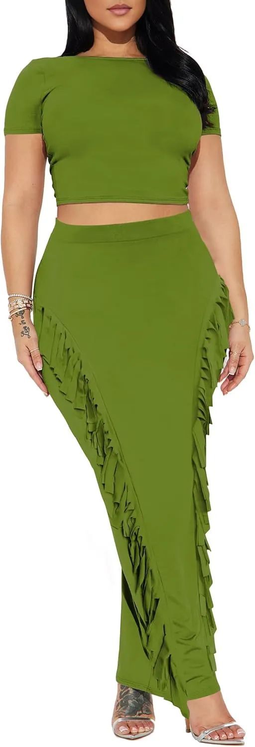 Women's Fringe Skirt Side Tassel Elastic High Waisted Pencil Long Maxi Skirts Bodycon