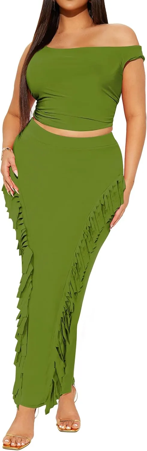 Women's Fringe Skirt Side Tassel Elastic High Waisted Pencil Long Maxi Skirts Bodycon