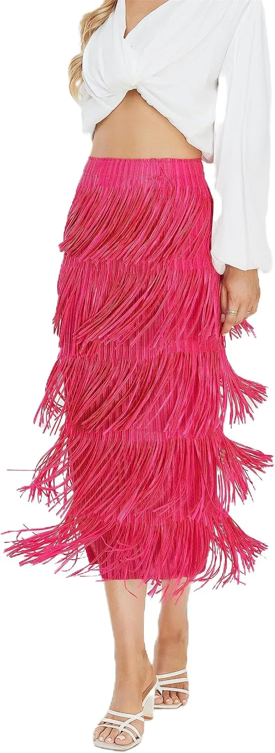Women's Fringe Trim High Waist Short Pencil Bodycon Skirts, Sexy Elegant Fringe Long Maxi Skirt Summer Party Work
