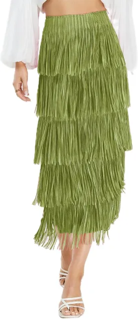 Women's Fringe Trim High Waist Short Pencil Bodycon Skirts, Sexy Elegant Fringe Long Maxi Skirt Summer Party Work