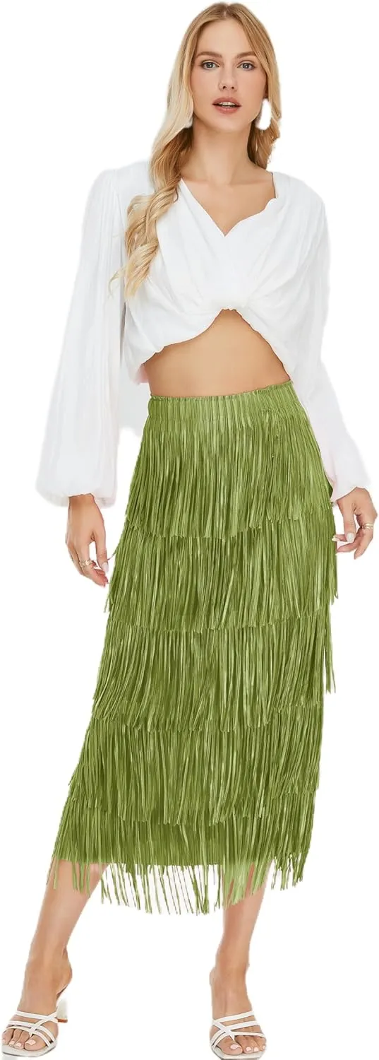 Women's Fringe Trim High Waist Short Pencil Bodycon Skirts, Sexy Elegant Fringe Long Maxi Skirt Summer Party Work