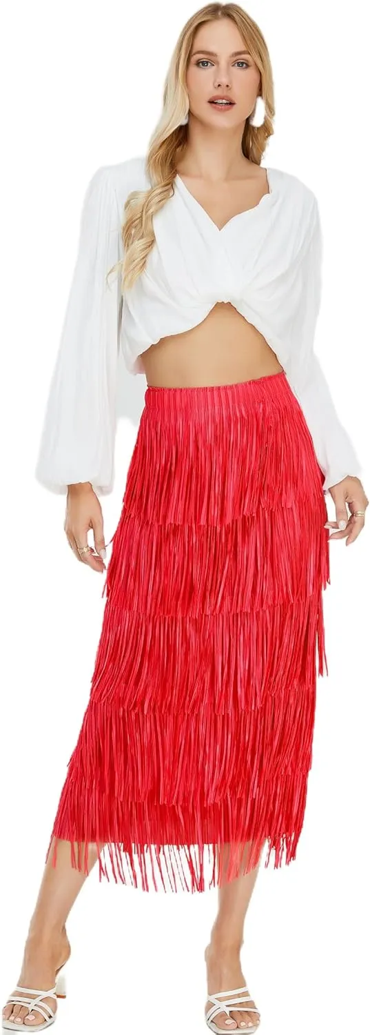 Women's Fringe Trim High Waist Short Pencil Bodycon Skirts, Sexy Elegant Fringe Long Maxi Skirt Summer Party Work