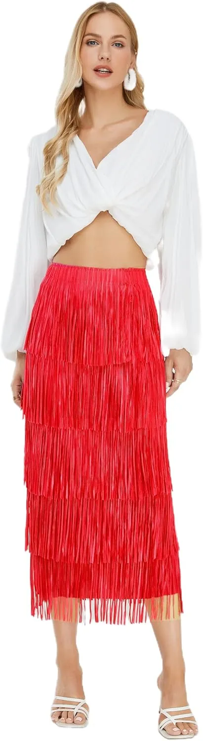 Women's Fringe Trim High Waist Short Pencil Bodycon Skirts, Sexy Elegant Fringe Long Maxi Skirt Summer Party Work