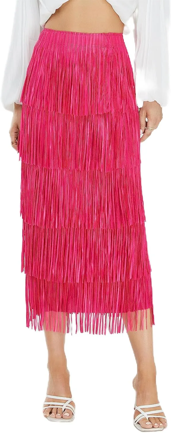 Women's Fringe Trim High Waist Short Pencil Bodycon Skirts, Sexy Elegant Fringe Long Maxi Skirt Summer Party Work
