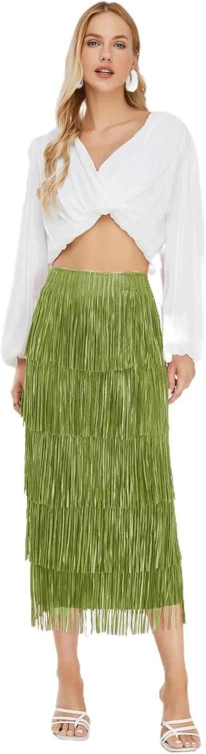 Women's Fringe Trim High Waist Short Pencil Bodycon Skirts, Sexy Elegant Fringe Long Maxi Skirt Summer Party Work