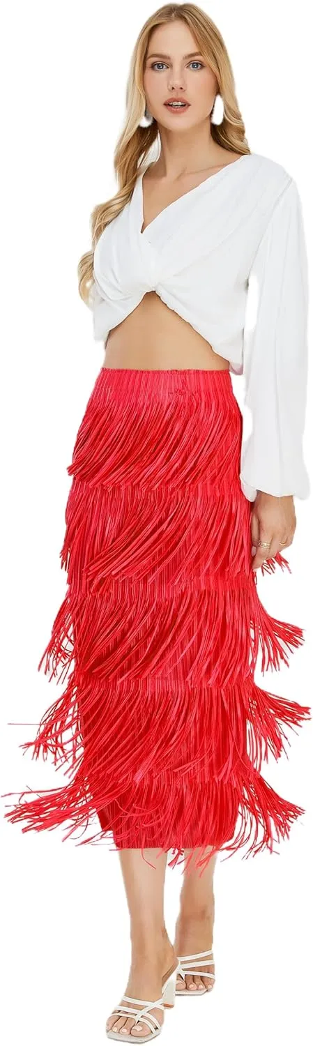 Women's Fringe Trim High Waist Short Pencil Bodycon Skirts, Sexy Elegant Fringe Long Maxi Skirt Summer Party Work