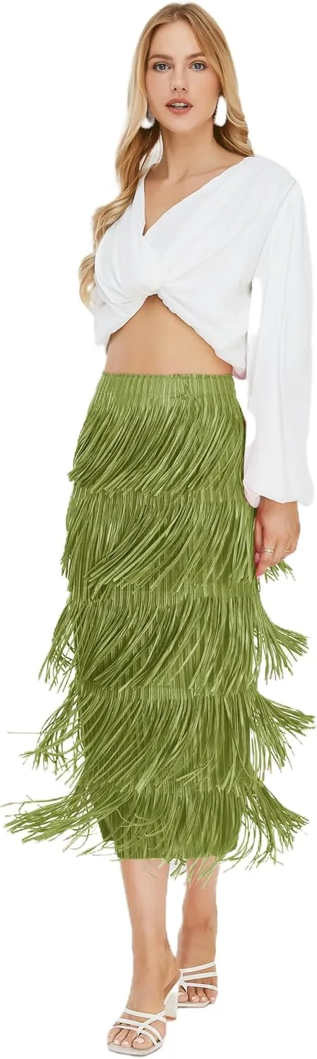 Women's Fringe Trim High Waist Short Pencil Bodycon Skirts, Sexy Elegant Fringe Long Maxi Skirt Summer Party Work