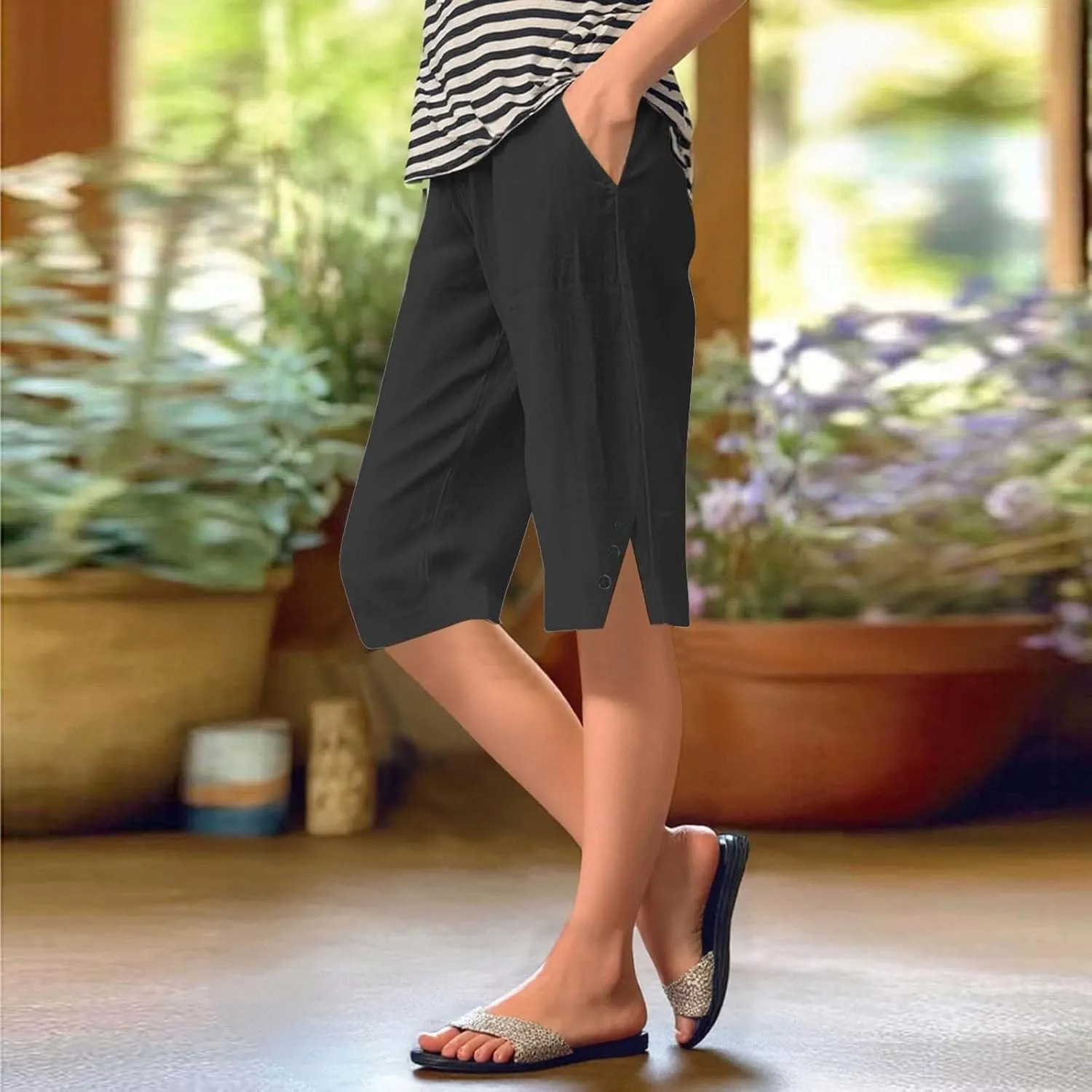 Women's High Waisted Linen Capri Pants Wide Leg Cropped Trousers with Pockets Bermuda Shorts for Casual Summer & Beach Wear