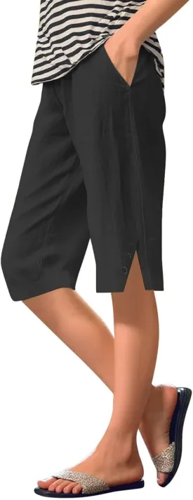Women's High Waisted Linen Capri Pants Wide Leg Cropped Trousers with Pockets Bermuda Shorts for Casual Summer & Beach Wear
