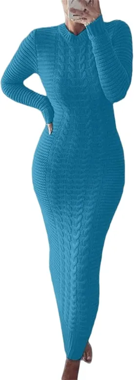 Women's Long Sleeve Dress Twist Ribbed Knit Bodycon Maxi Dresses Sexy Crewneck Long Sweater Dress for Cocktail Party