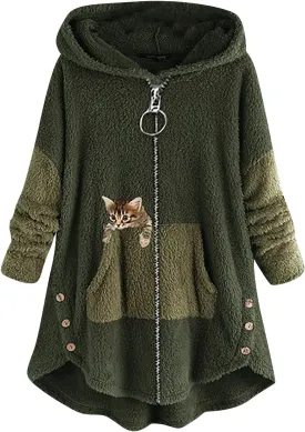 Women's Oversized Zip Up Sherpa Hoodie Fuzzy Fleece Jacket Cat Kitty Print Lightweight Faux Shearling A Line Teddy Coat