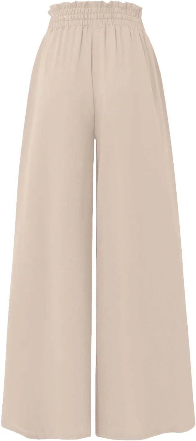 Womens Palazzo Pants Elastic Waist High Waisted Culottes Pants Loose Fit Elegant Flowy Vacation Pants with Pockets