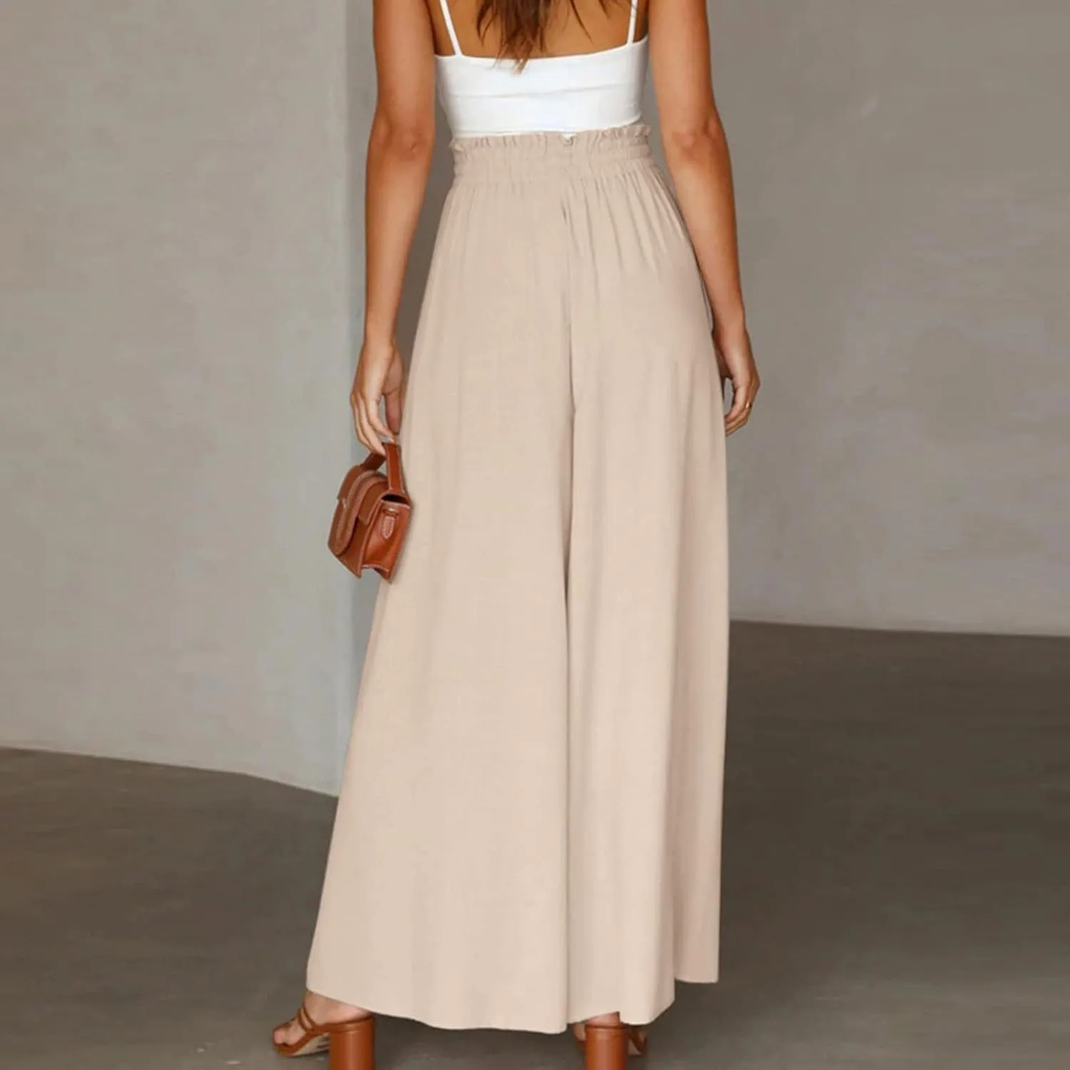 Womens Palazzo Pants Elastic Waist High Waisted Culottes Pants Loose Fit Elegant Flowy Vacation Pants with Pockets