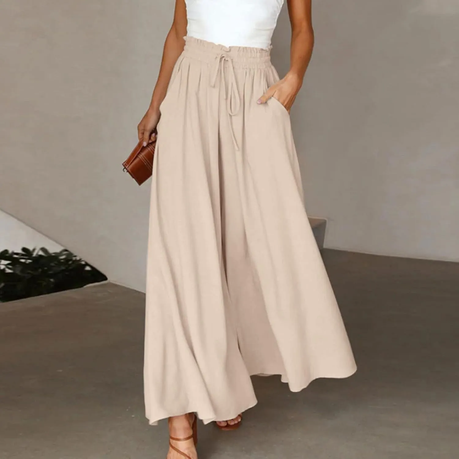 Womens Palazzo Pants Elastic Waist High Waisted Culottes Pants Loose Fit Elegant Flowy Vacation Pants with Pockets