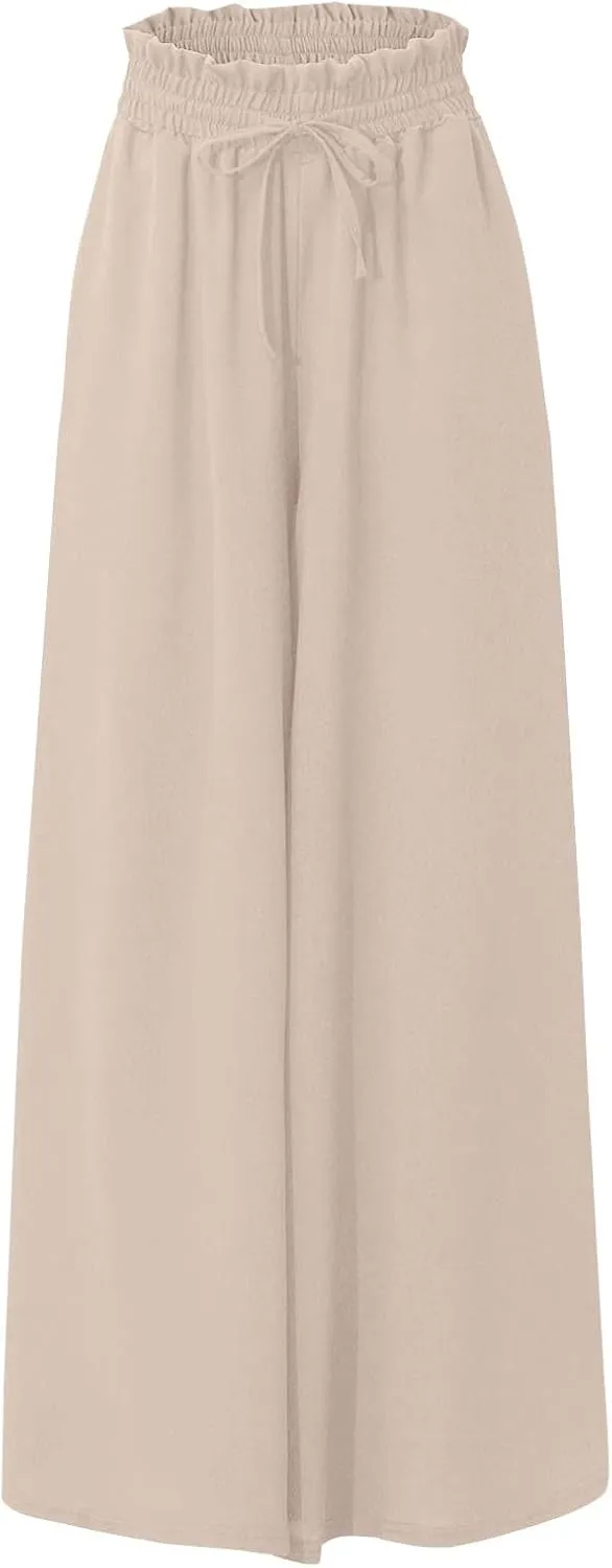 Womens Palazzo Pants Elastic Waist High Waisted Culottes Pants Loose Fit Elegant Flowy Vacation Pants with Pockets