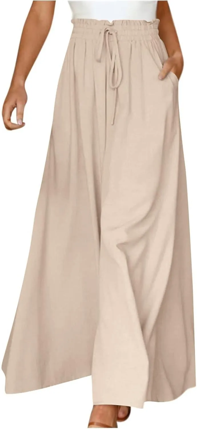 Womens Palazzo Pants Elastic Waist High Waisted Culottes Pants Loose Fit Elegant Flowy Vacation Pants with Pockets