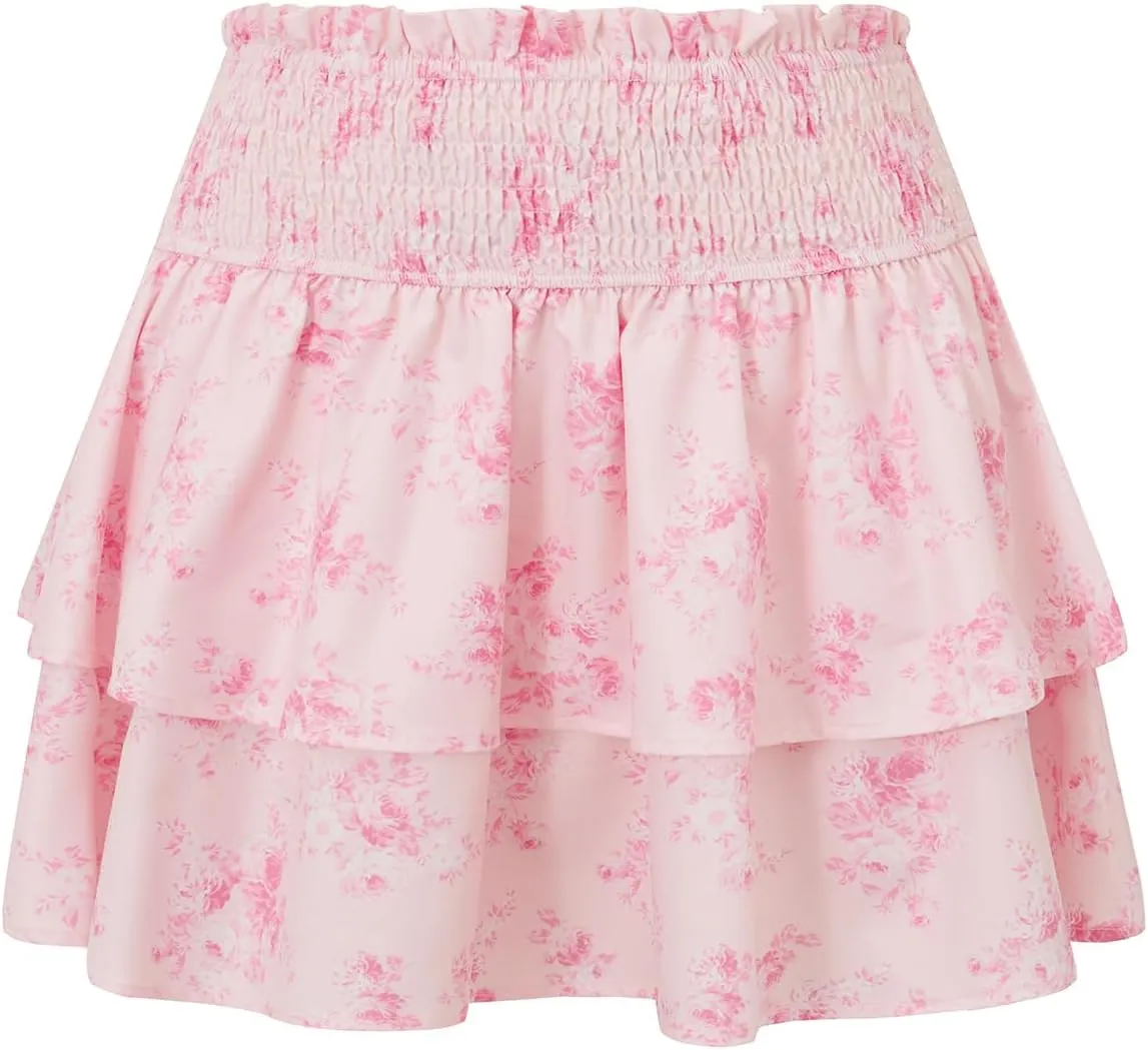 Womens Ruffle Mini Skirt Bohemian Floral High Waisted Tiered A Line Skirts Summer Beach Flowy Skirts Streetwear