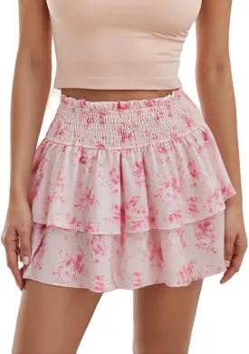 Womens Ruffle Mini Skirt Bohemian Floral High Waisted Tiered A Line Skirts Summer Beach Flowy Skirts Streetwear