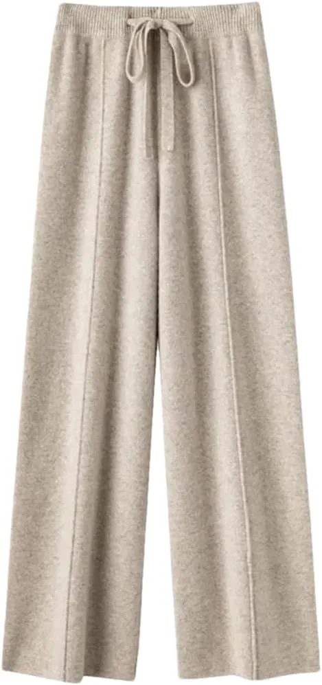 Women's Solid Wool Wide-Leg Pants High Waist Casual Loose Straight Pants Knit Mop Trousers