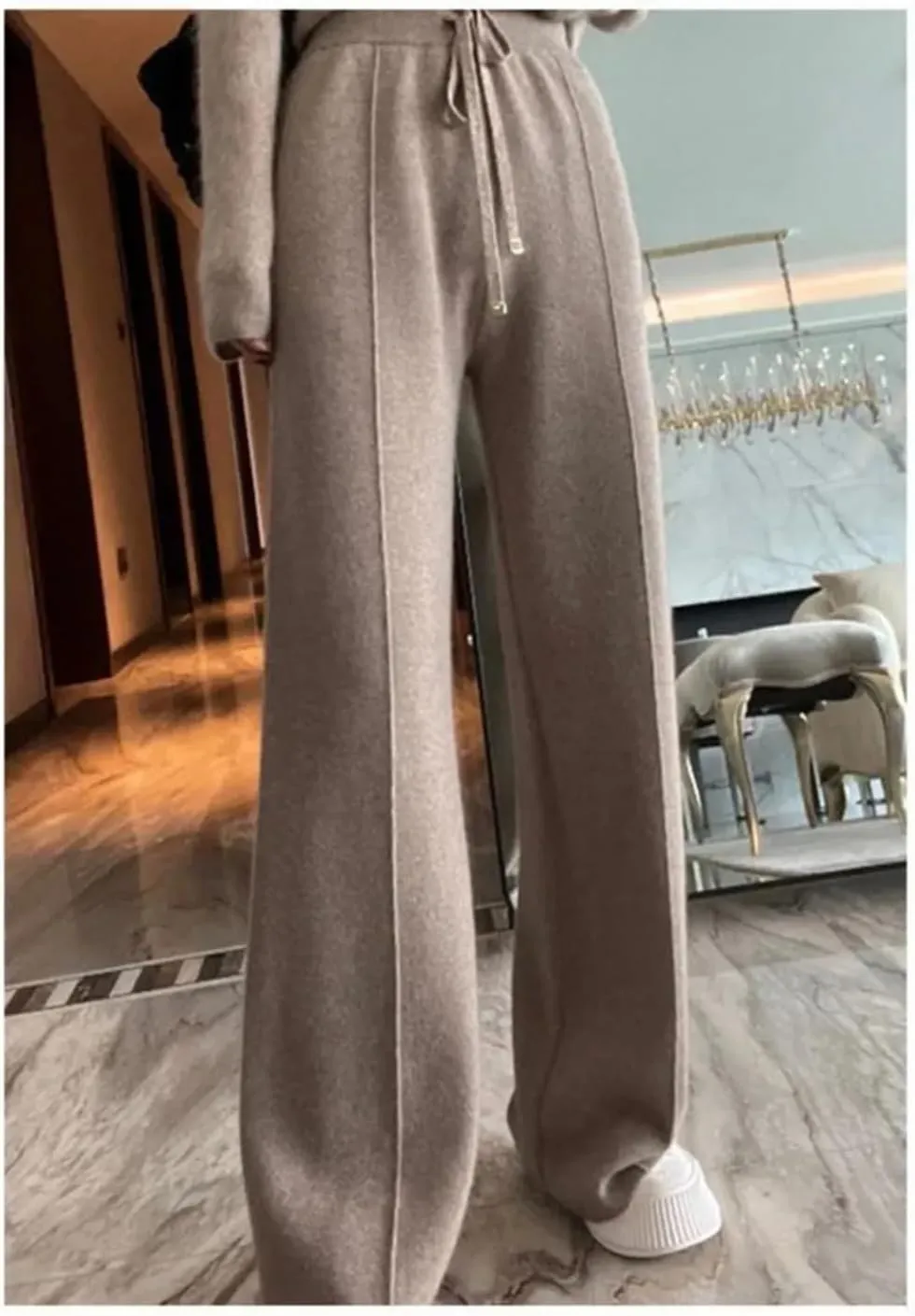 Women's Solid Wool Wide-Leg Pants High Waist Casual Loose Straight Pants Knit Mop Trousers
