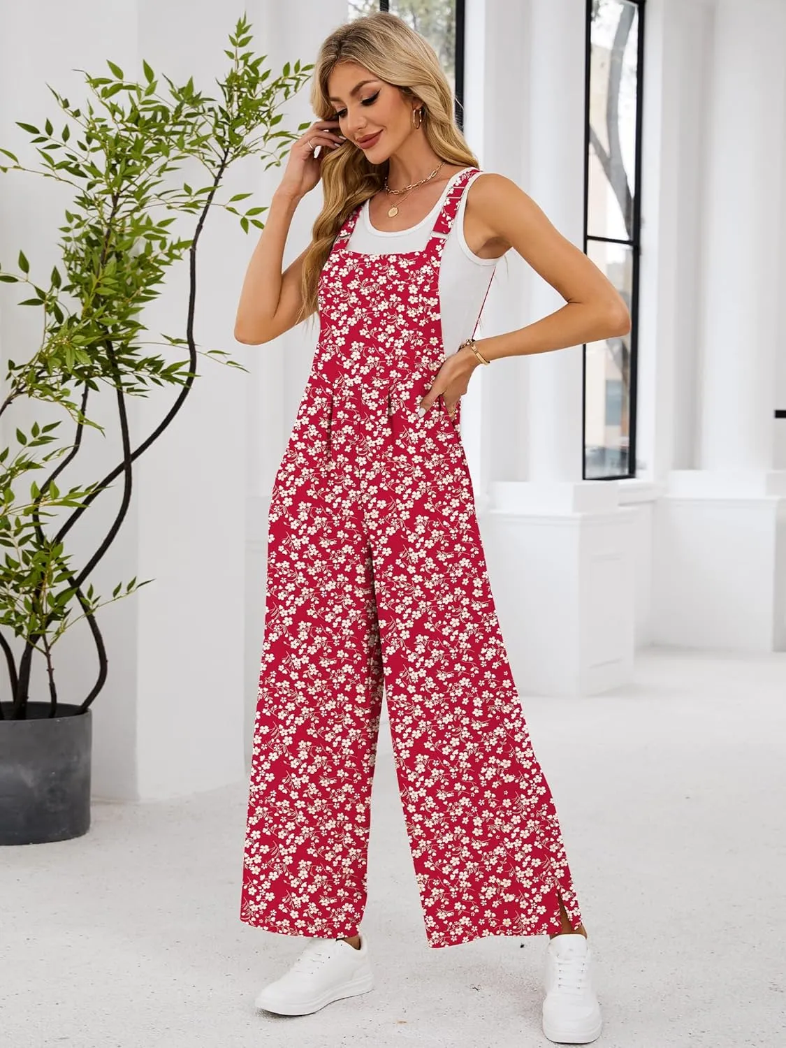 Womens Summer Casual Jumpsuits Baggy Wide Leg Floral Overalls Rompers for women 2025 With Pockets