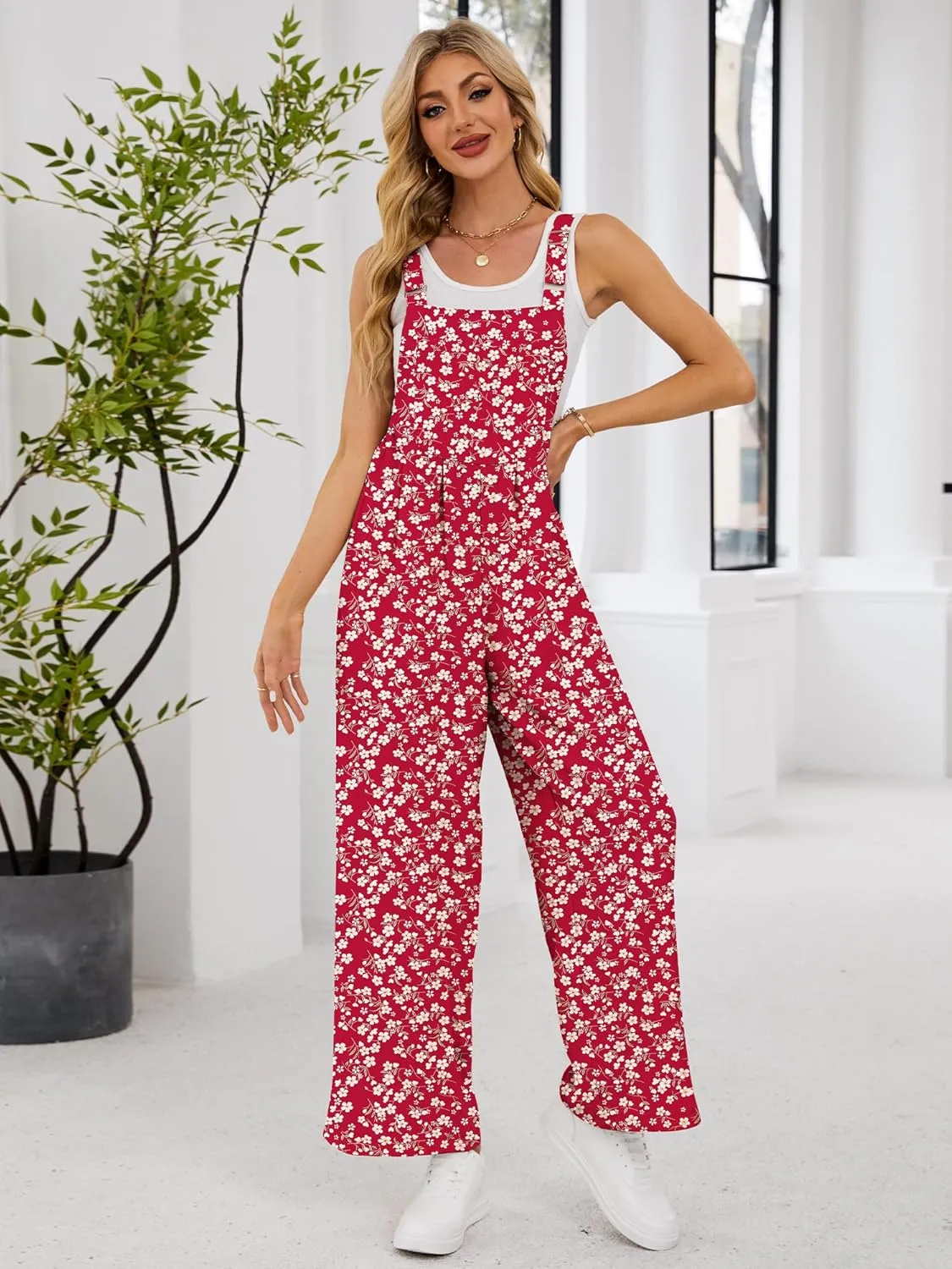 Womens Summer Casual Jumpsuits Baggy Wide Leg Floral Overalls Rompers for women 2025 With Pockets