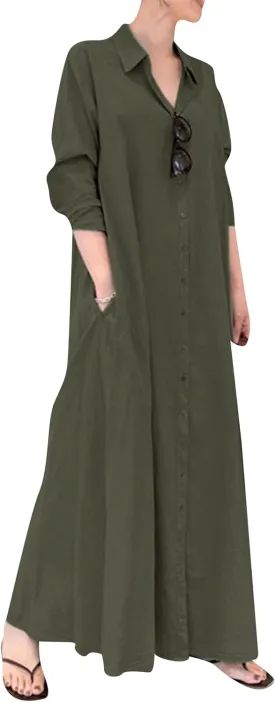 Women's Summer V Neck Long Dress Long Sleeve Solid Casual Maxi Dress Trendy Shirt Dress with Pockets
