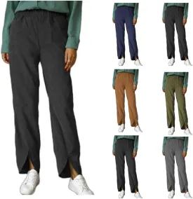 Women's Vintage Trousers with Pockets, Corduroy Elastic Waist Pull On Straight Leg Slacks Casual Fall Winter Pants