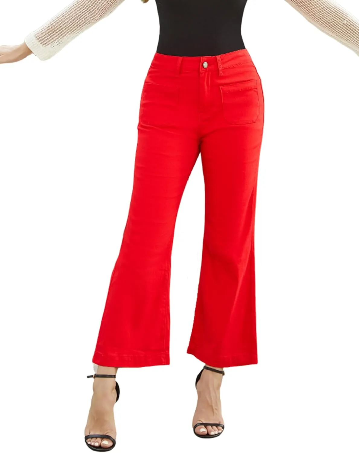 Women??s Wide Leg Petite Jeans High Waisted Stretchy Cropped Flare Jeans with Patch Pockets