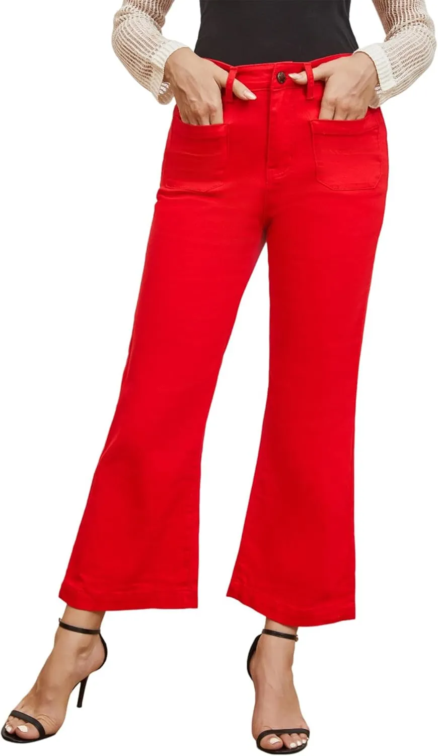 Women??s Wide Leg Petite Jeans High Waisted Stretchy Cropped Flare Jeans with Patch Pockets