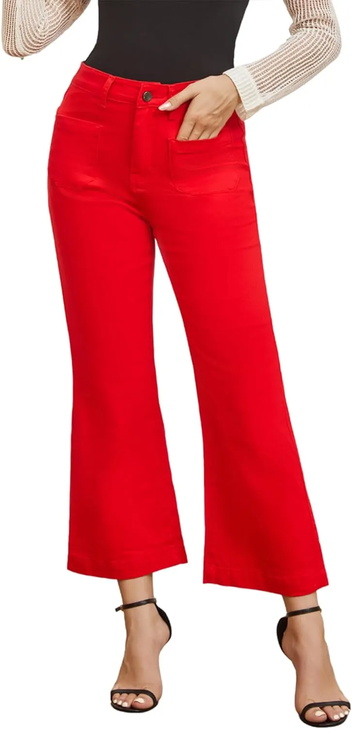 Women??s Wide Leg Petite Jeans High Waisted Stretchy Cropped Flare Jeans with Patch Pockets