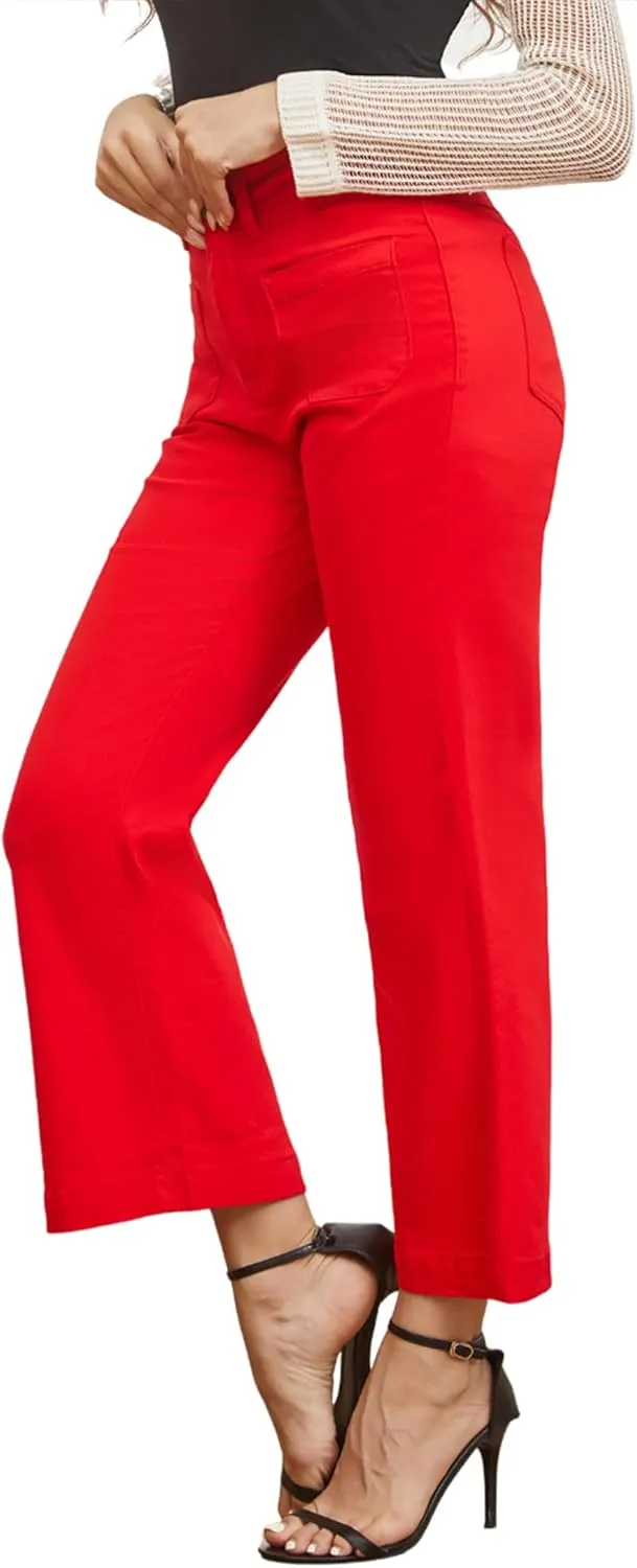 Women??s Wide Leg Petite Jeans High Waisted Stretchy Cropped Flare Jeans with Patch Pockets
