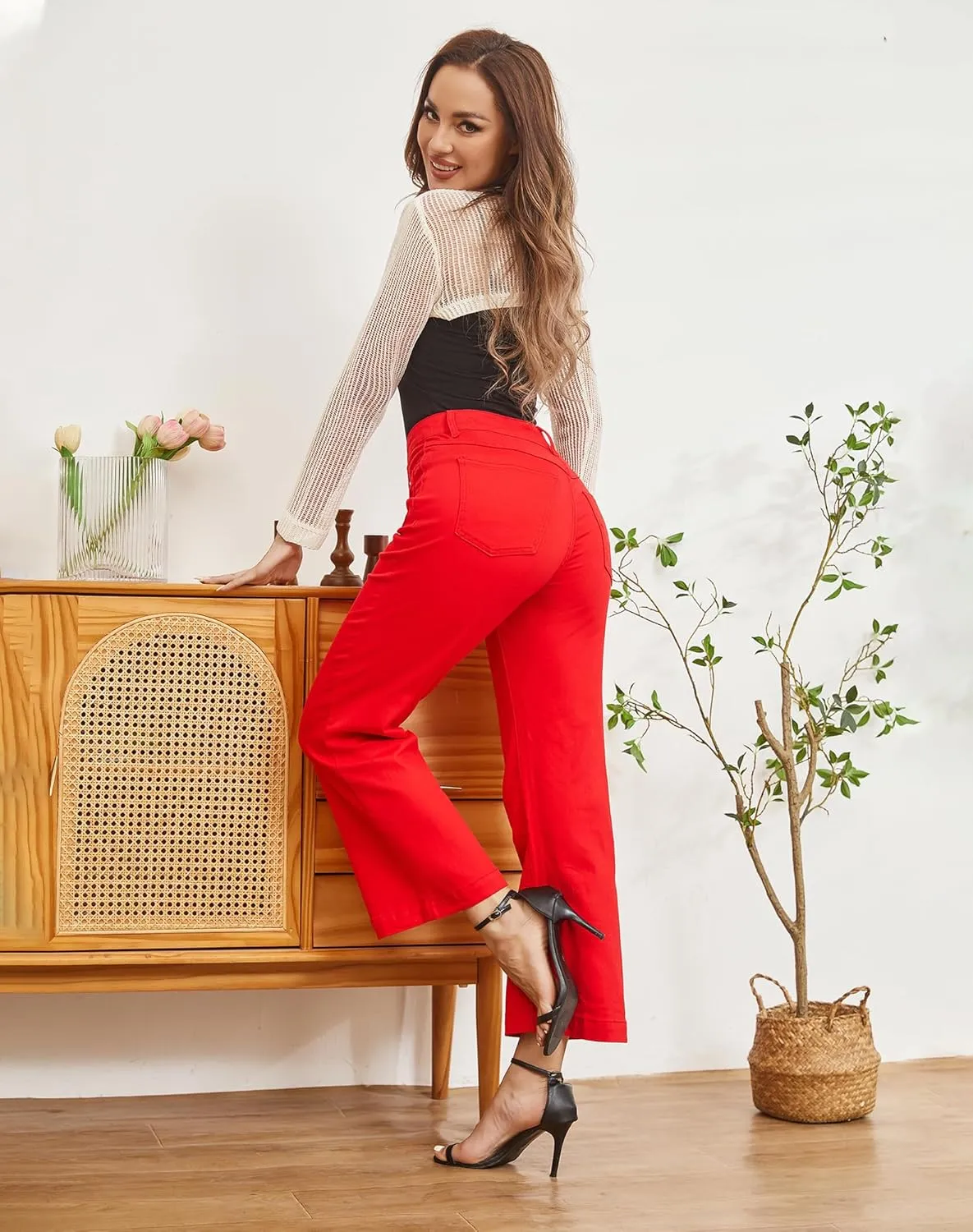 Women??s Wide Leg Petite Jeans High Waisted Stretchy Cropped Flare Jeans with Patch Pockets