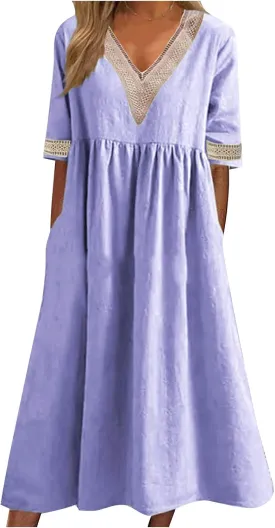 XUNRYAN Summer Dresses Women 2025 Cotton Linen Midi Dress Crochet Lace V-Neck Short Sleeve High Waist A-Line Casual Sundress